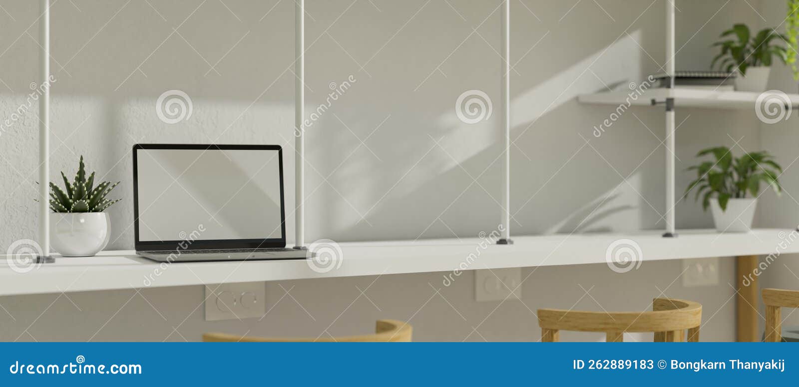 Modern Minimal White Coworking Space Interior Design with Laptop Mockup and Decor Plants Stock