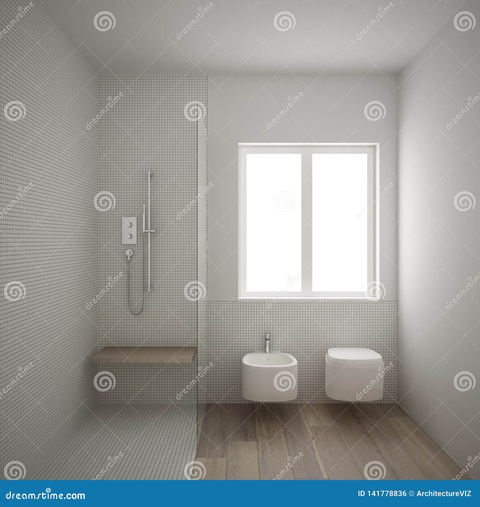 Modern Minimalist Bathroom With Parquet Oak Wood Floor And White