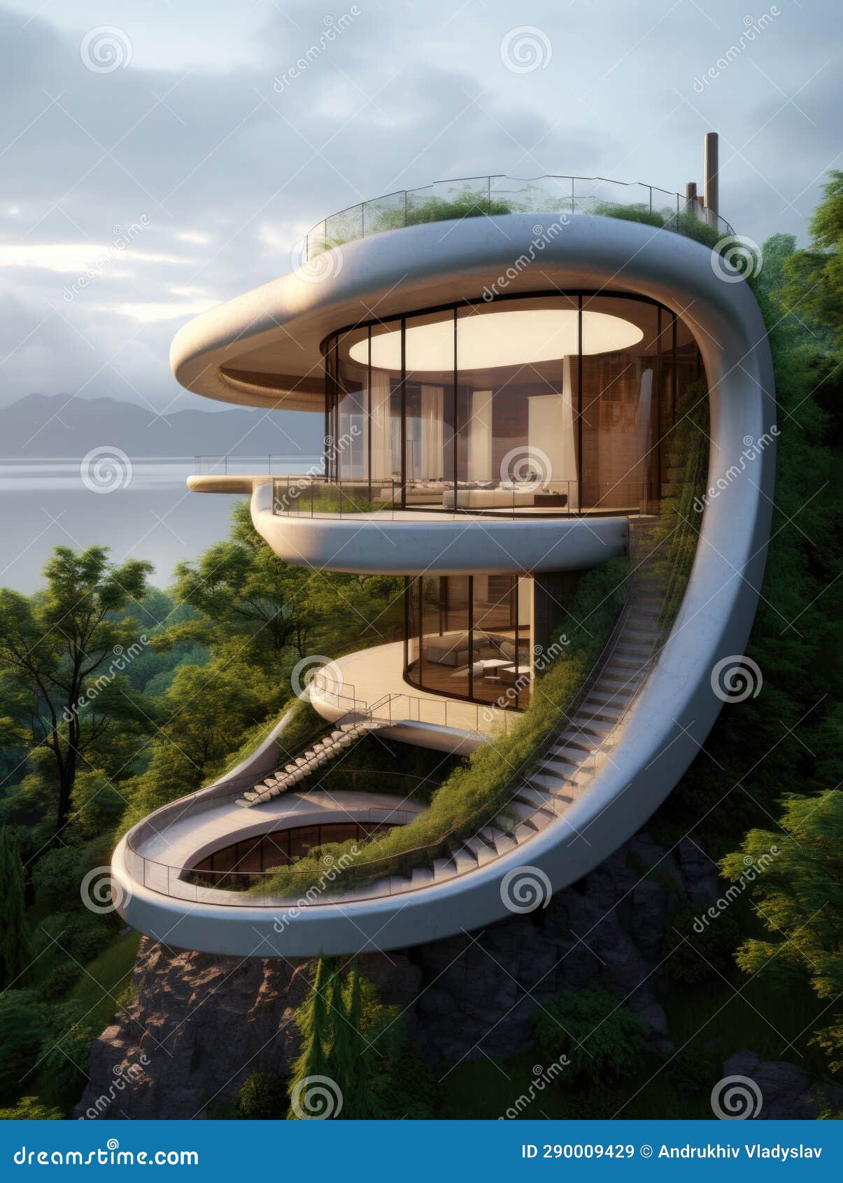 Modern Minimalist Cottage with Smooth Curved Forms. Villa with Balcony