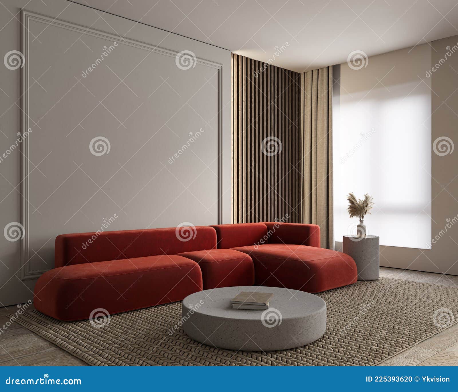 Modern Minimalist Gray, Beige Interior with Red Sofa, Wall ...