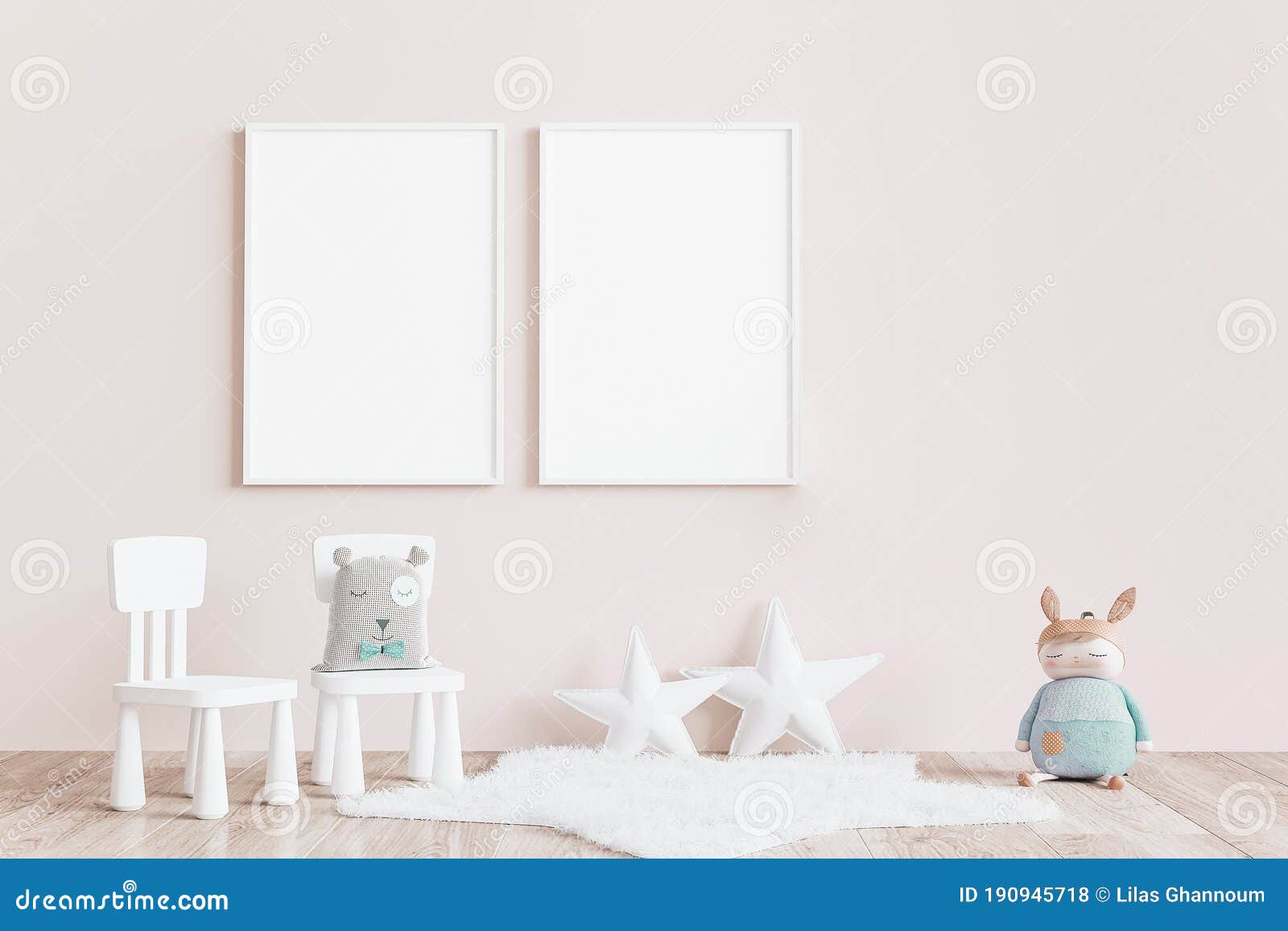 modern minimalist, kid`s room, empty frame mock up interior in pastel colors