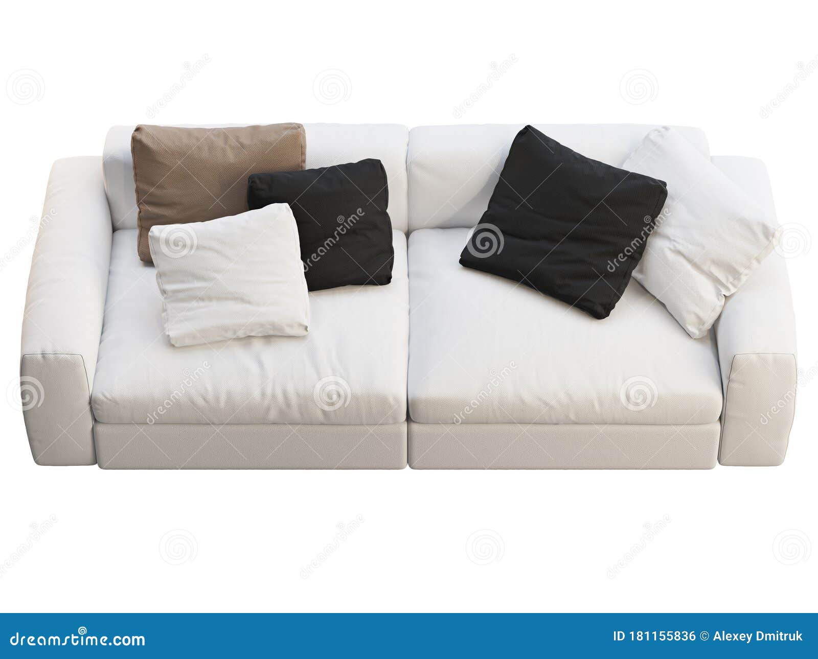 Modern Modular White Fabric Sofa with Colored Pillows. 3d Render Stock