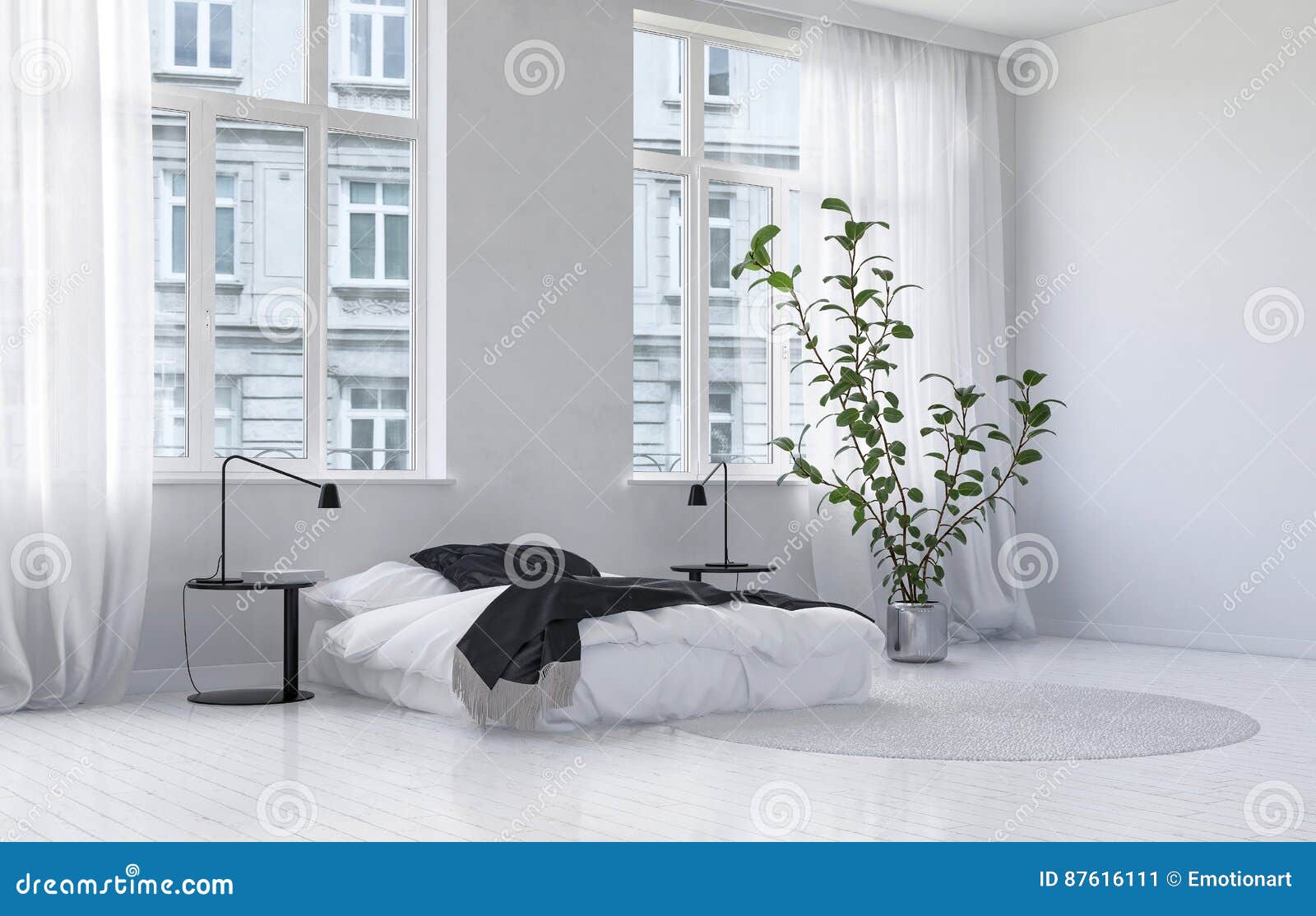 Modern Monochromatic White Bedroom Interior Stock