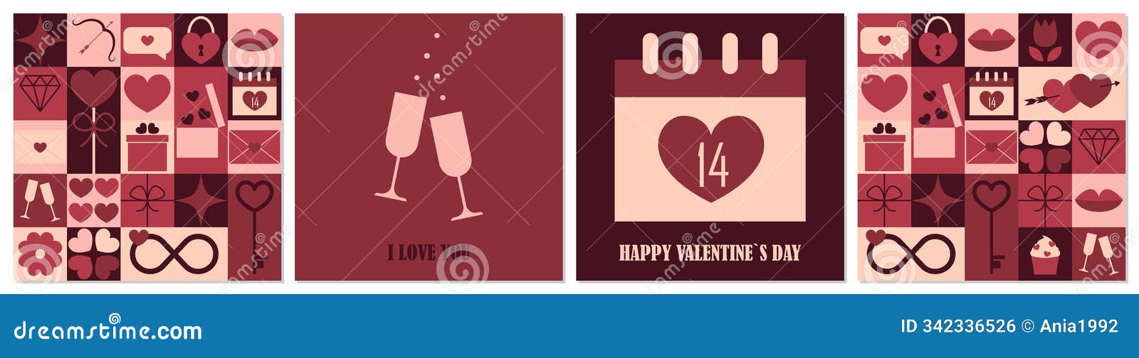 modern mosaic pattern with valentines day icons. abstract geometric greeting cards set for happy valentine`s day. 