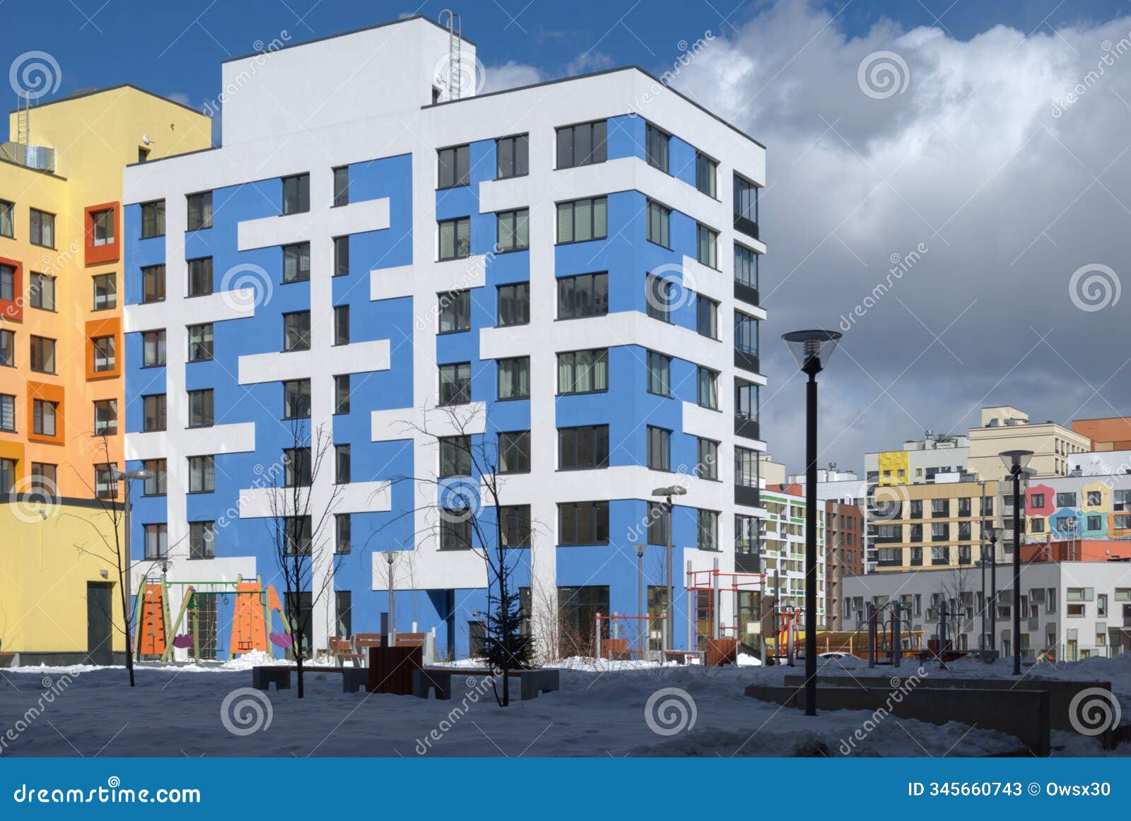 modern multi-story building with colorful exterior