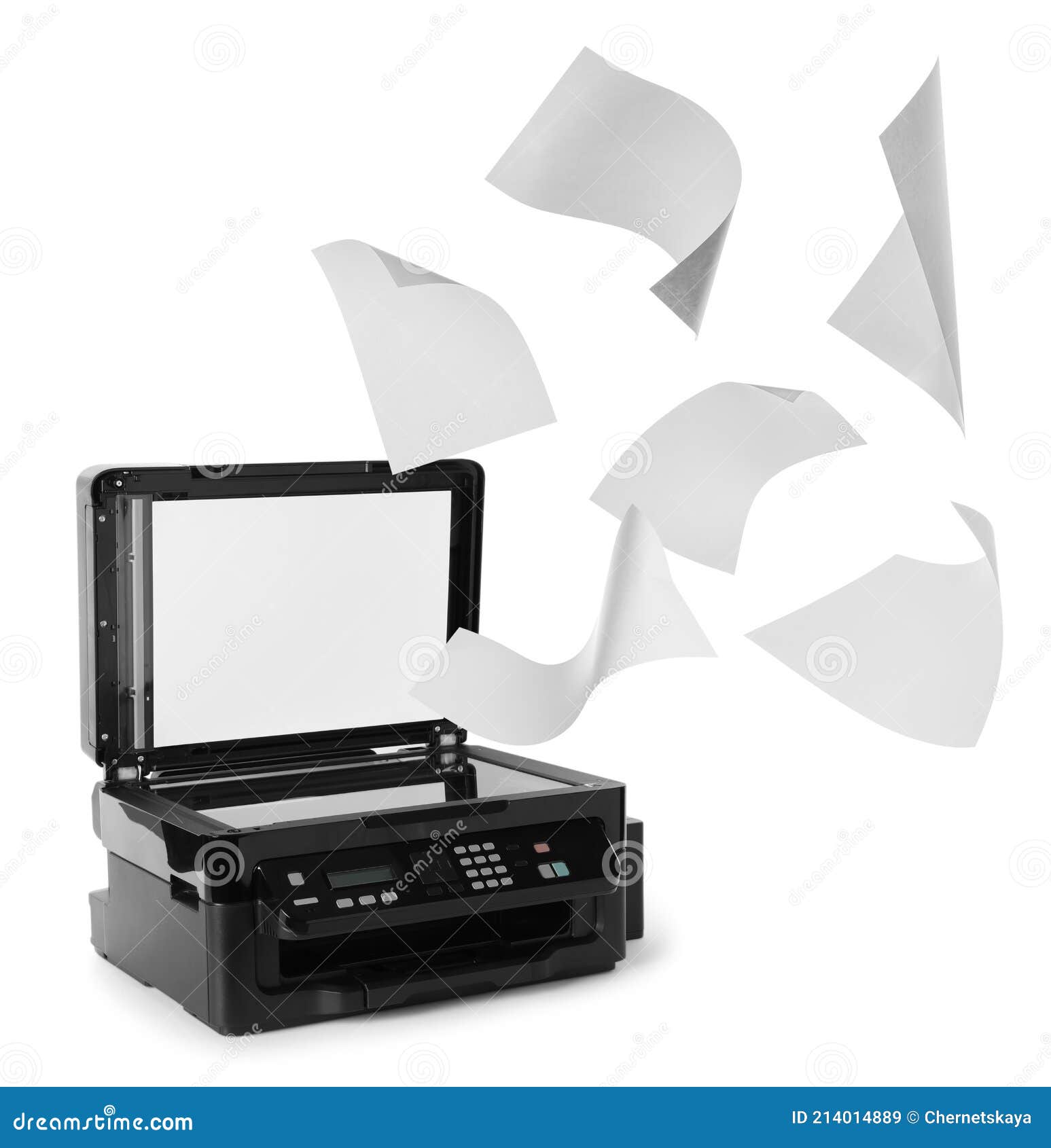 Modern Multifunction Printer and Flying Sheets of Paper on White