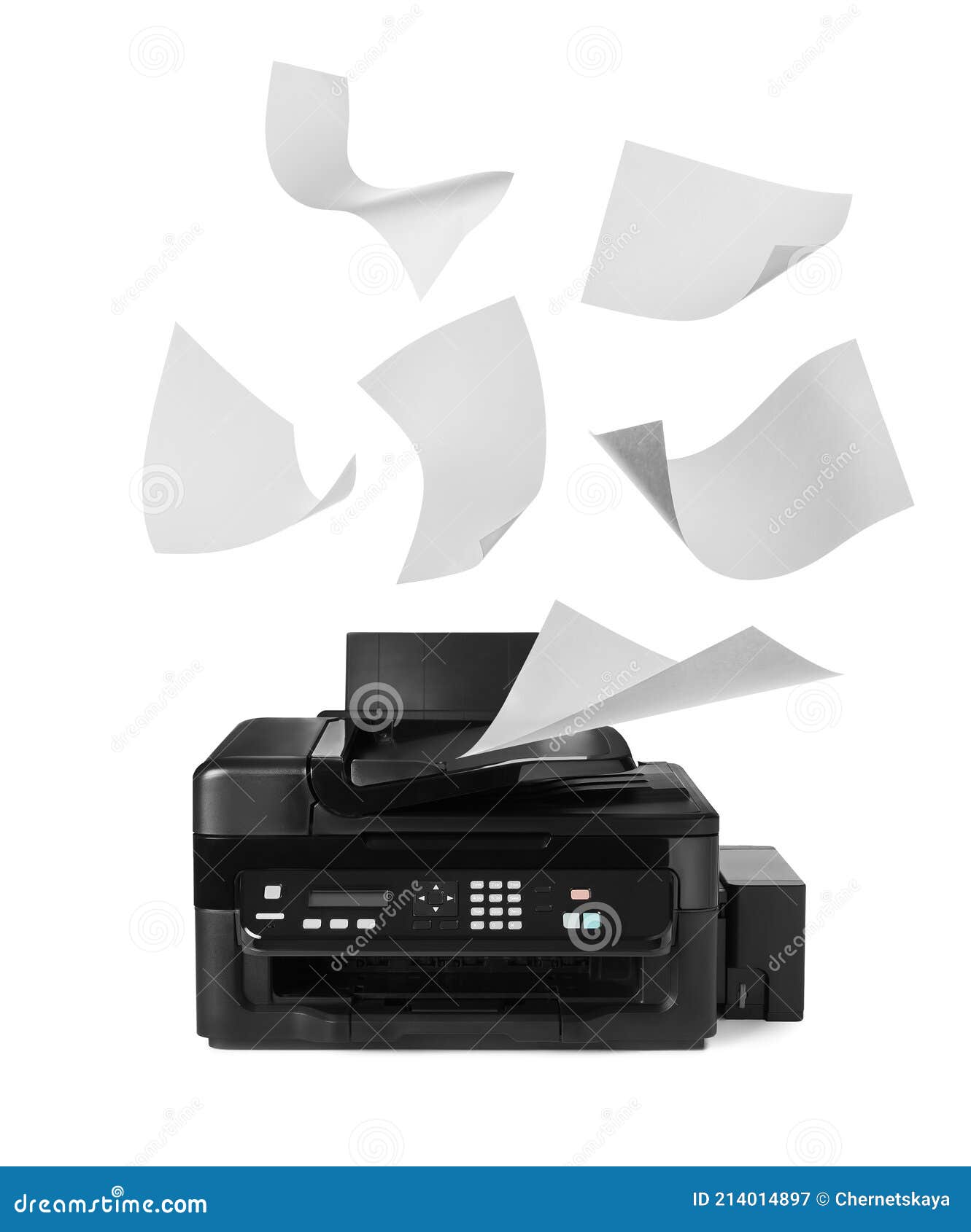 Modern Multifunction Printer and Flying Sheets of Paper on White