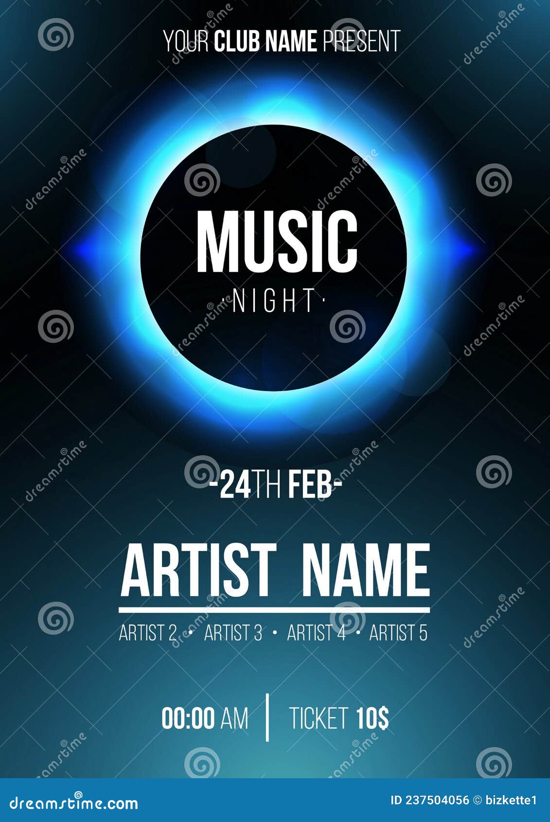 Modern Music Night Poster with Eclipse Vector Illustration Stock Vector
