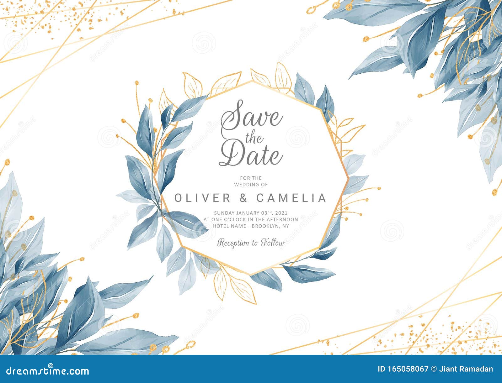 modern navy blue wedding invitation card template with watercolor floral frame and border. greenery floral border save the date,