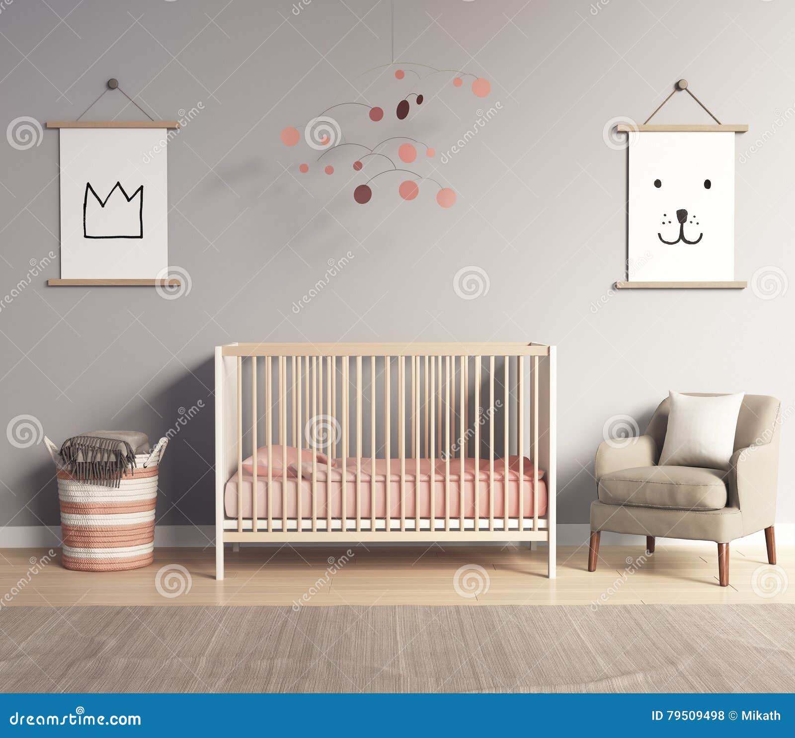 modern nursery room with salmon red and grey accents