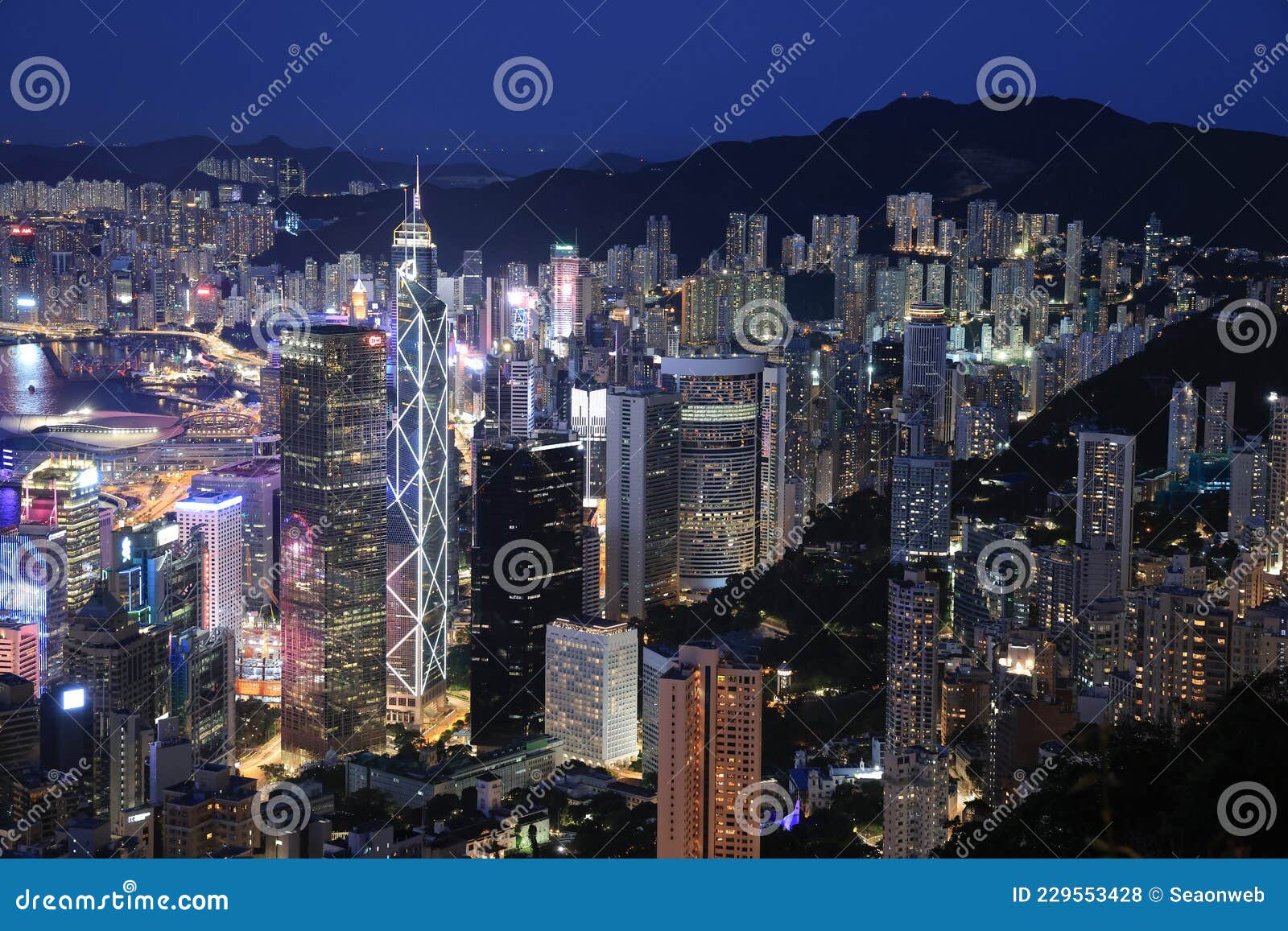 The Modern Office Buildings at Night, Hong Kong 4 Sept 2021 Editorial