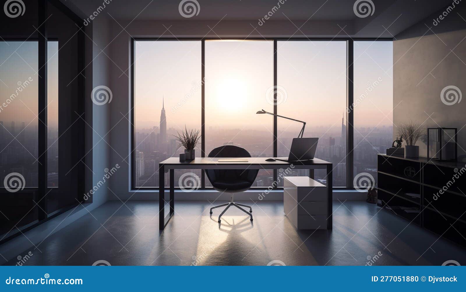 Modern Office with Computer, Desk, and Chair Generated by AI Stock