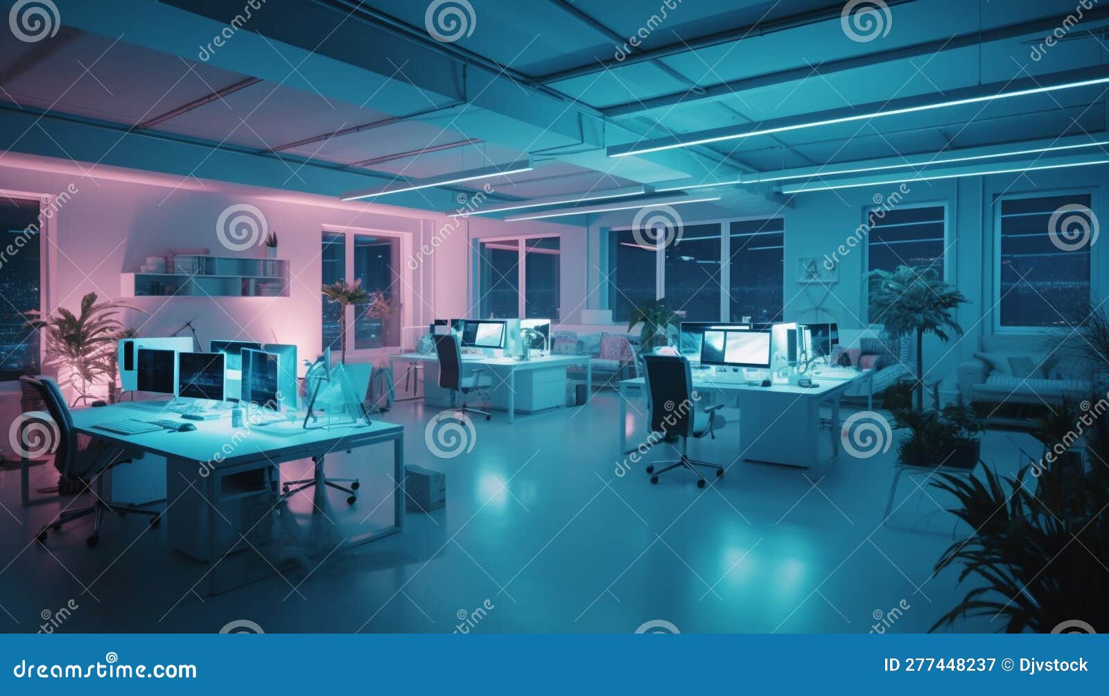 Modern Office Design with Blue Lighting Equipment Generated by AI Stock