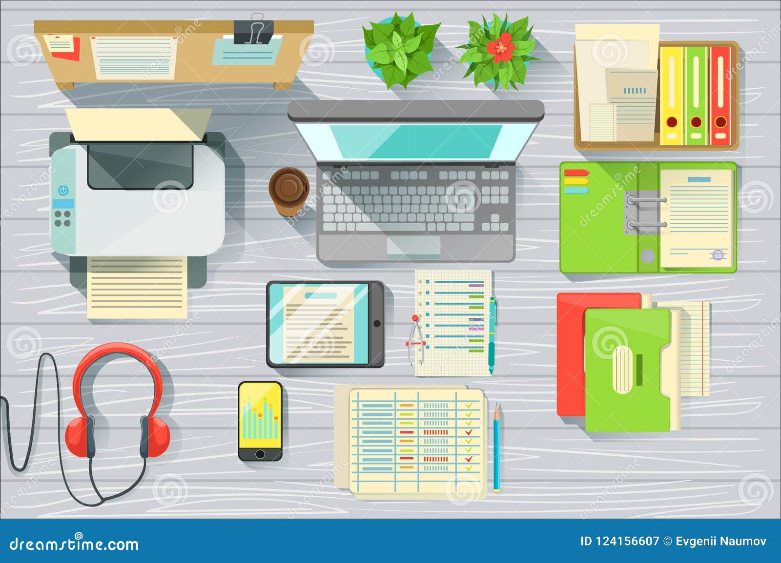 Modern Office Desk Elements Set View From Above Stock Vector