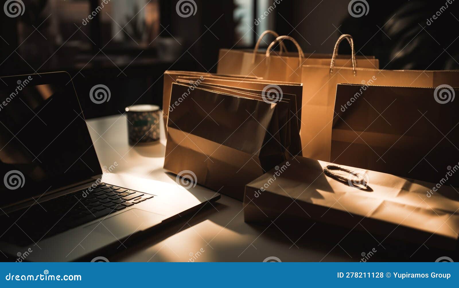 Modern Office Desk with Laptop, Shopping Bag Generated by AI Stock