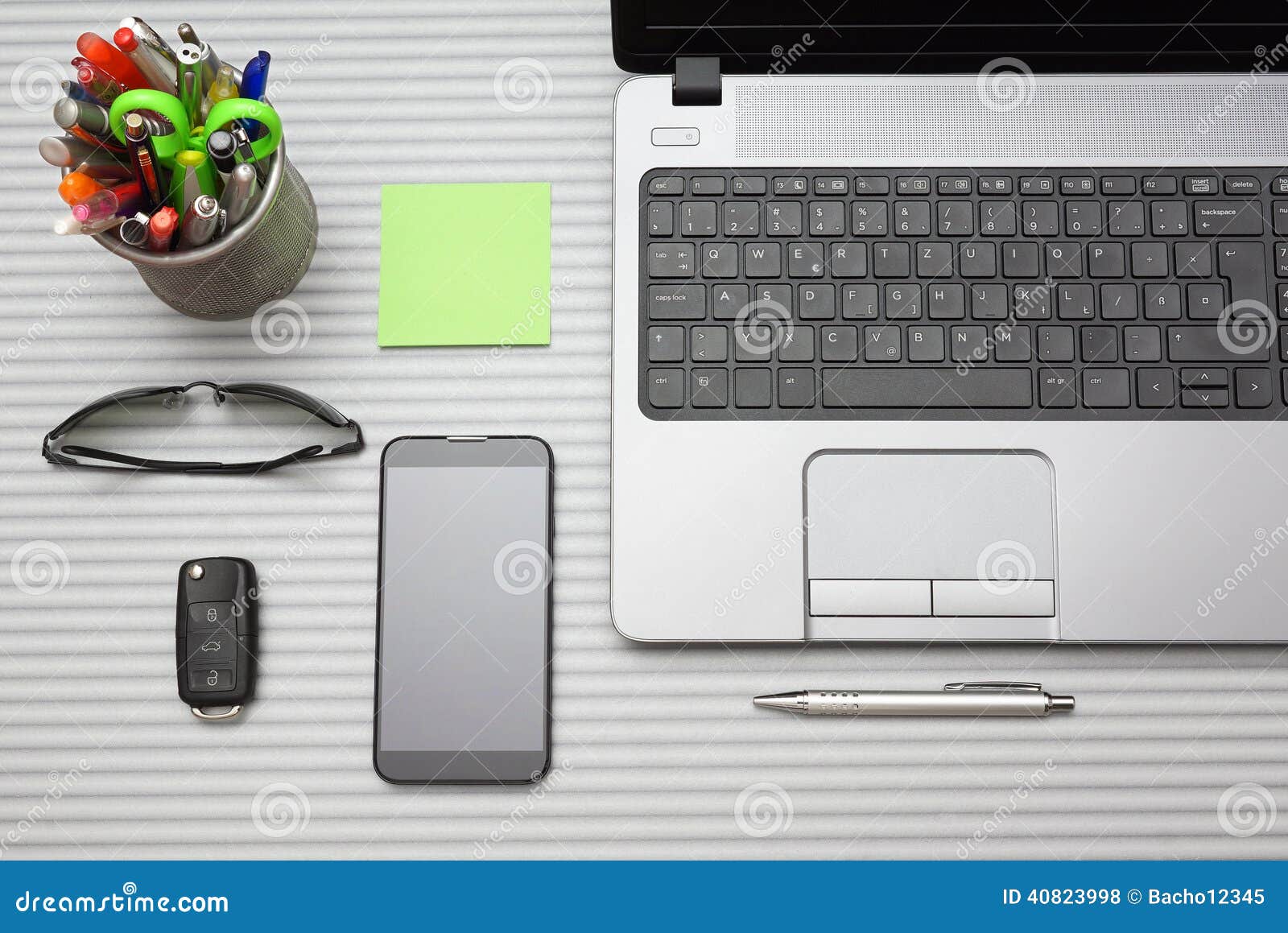 Modern Office Desk with Working Accessories, Top View Stock Photo Image of background, object