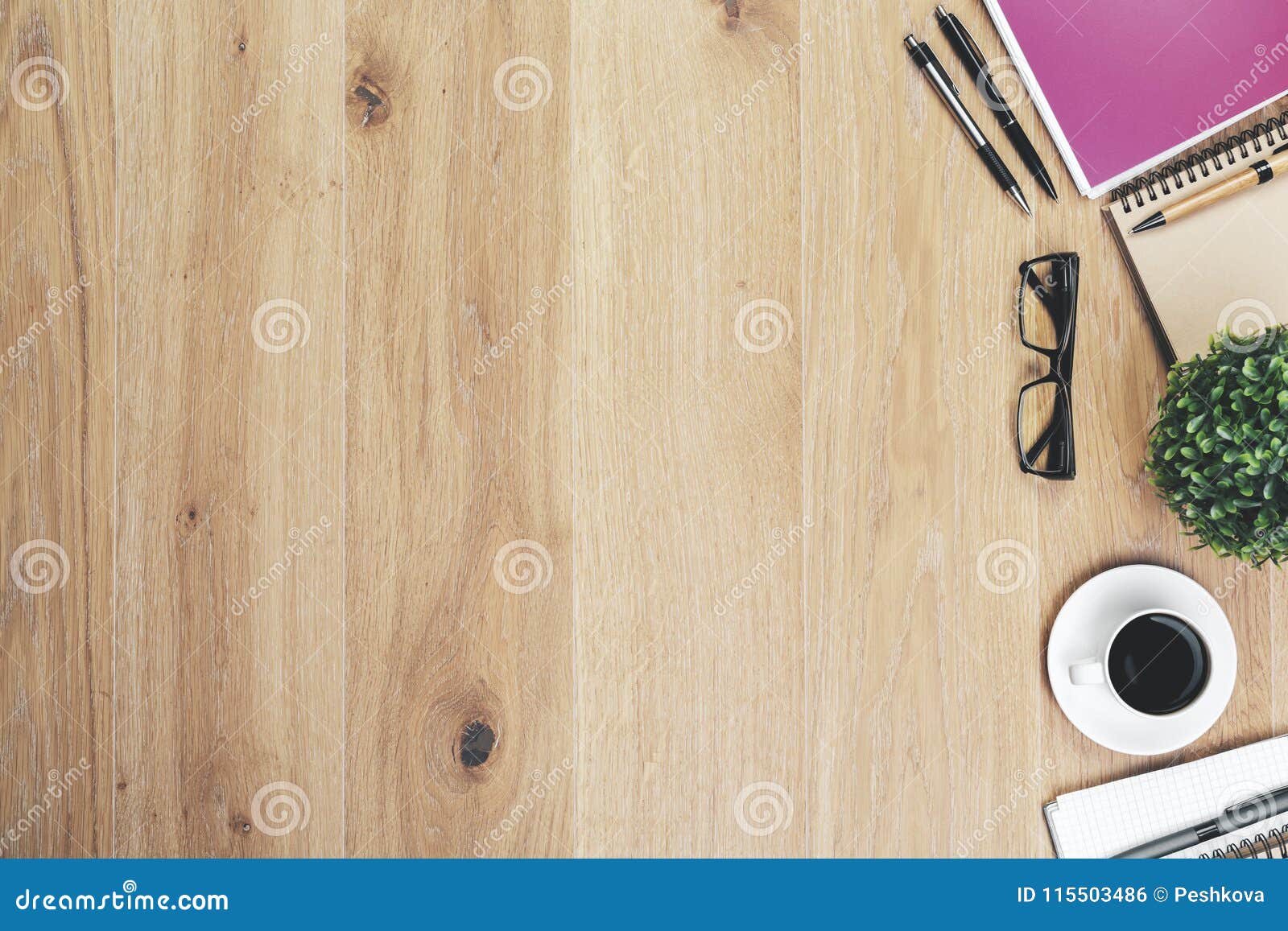 Modern Office Desktop Supplies Modern Wooden Office Desktop Supplies Copy Space Mock Up Above View Close Up 115503486 