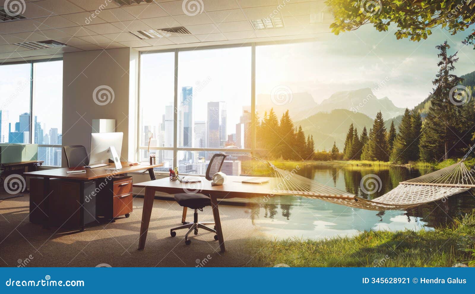modern office featuring serene view of mountain lake and hammock, inviting peaceful escape from the daily grind to reconnect with