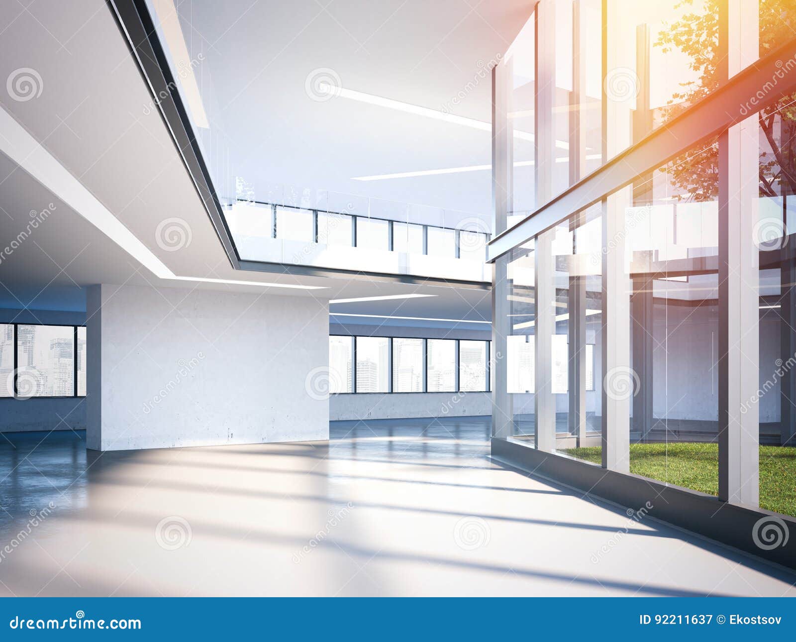 modern office hall with big windows. 3d rendering