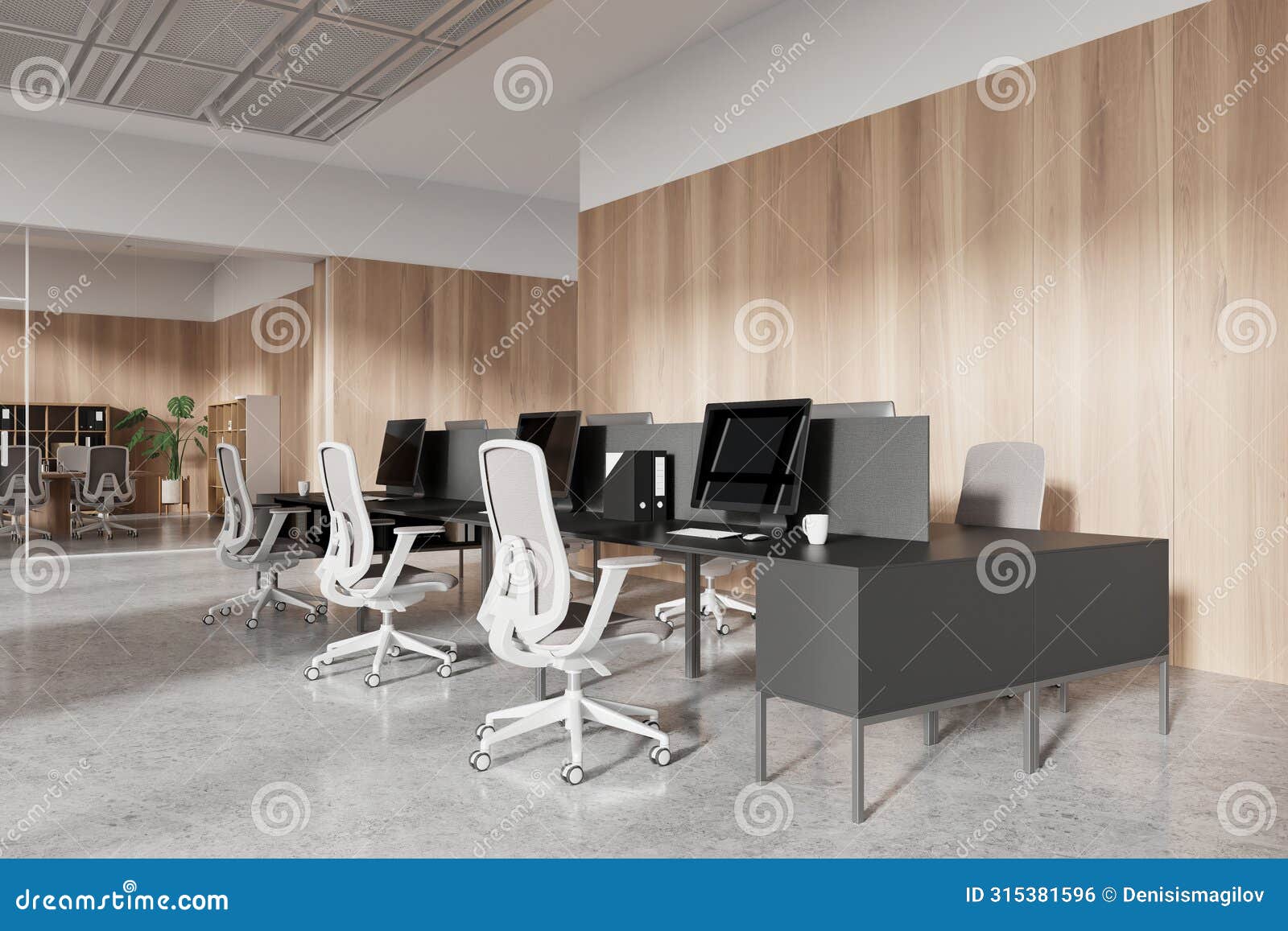 a modern office interior with desks, chairs, computers, and decorative plants against a wooden wall and glass partitions, concept