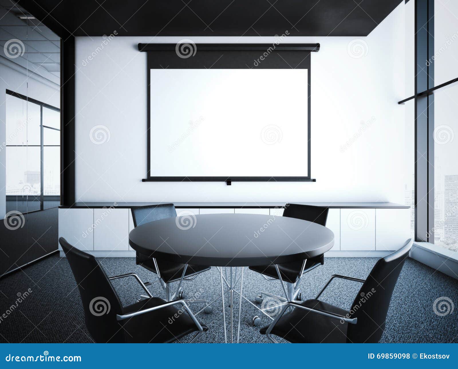 Modern Office Interior with Projector Screen. 3d Rendering Stock