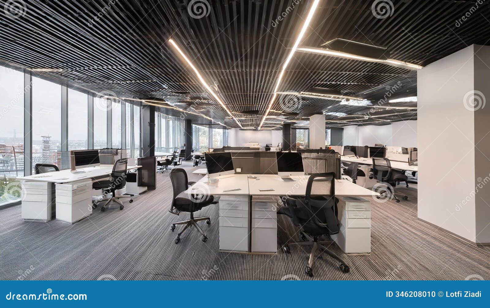 modern office interior with shared desks, computers, and light fixtures under a black ceiling in a bright coworking space. 3d