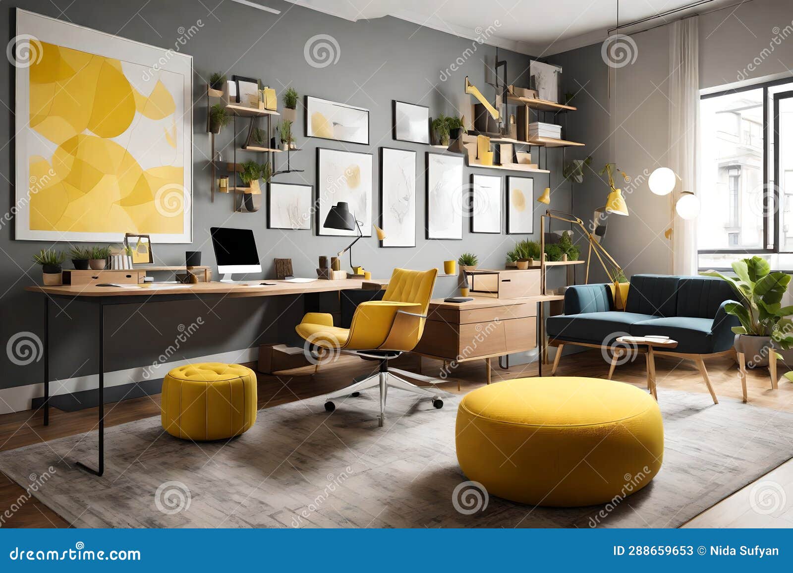 interior modern home office with wooden table and beautiful flowers generated ai