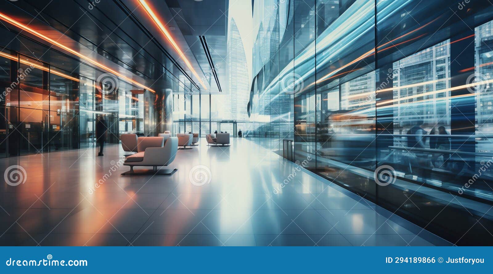modern office lobby in long exposure: dynamic business movement. generative ai