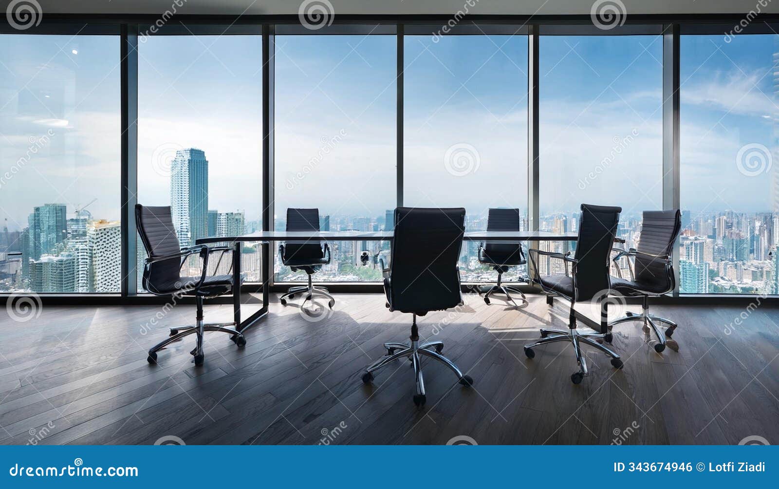modern office meeting room with large windows and city view. 3d rendering