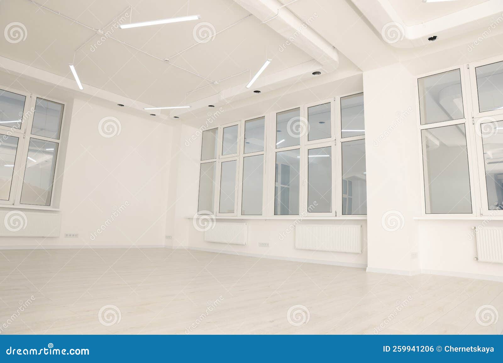 Modern Office Room with White Walls and Windows. Interior Design Stock