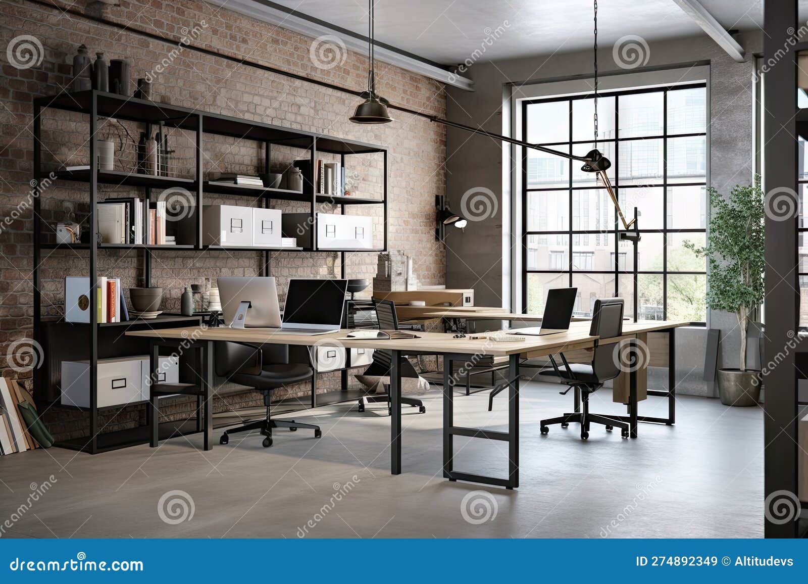 Modern Office Setting with Industrial Desks, Chairs, and Shelving Stock