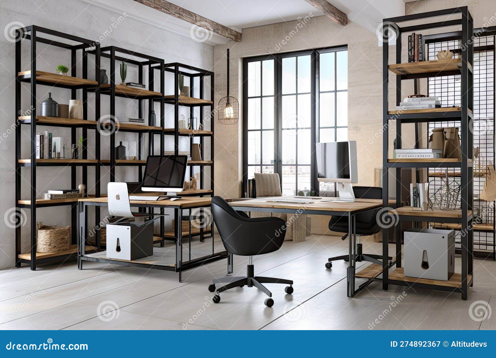 Modern Office Setting with Industrial Desks, Chairs, and Shelving Stock