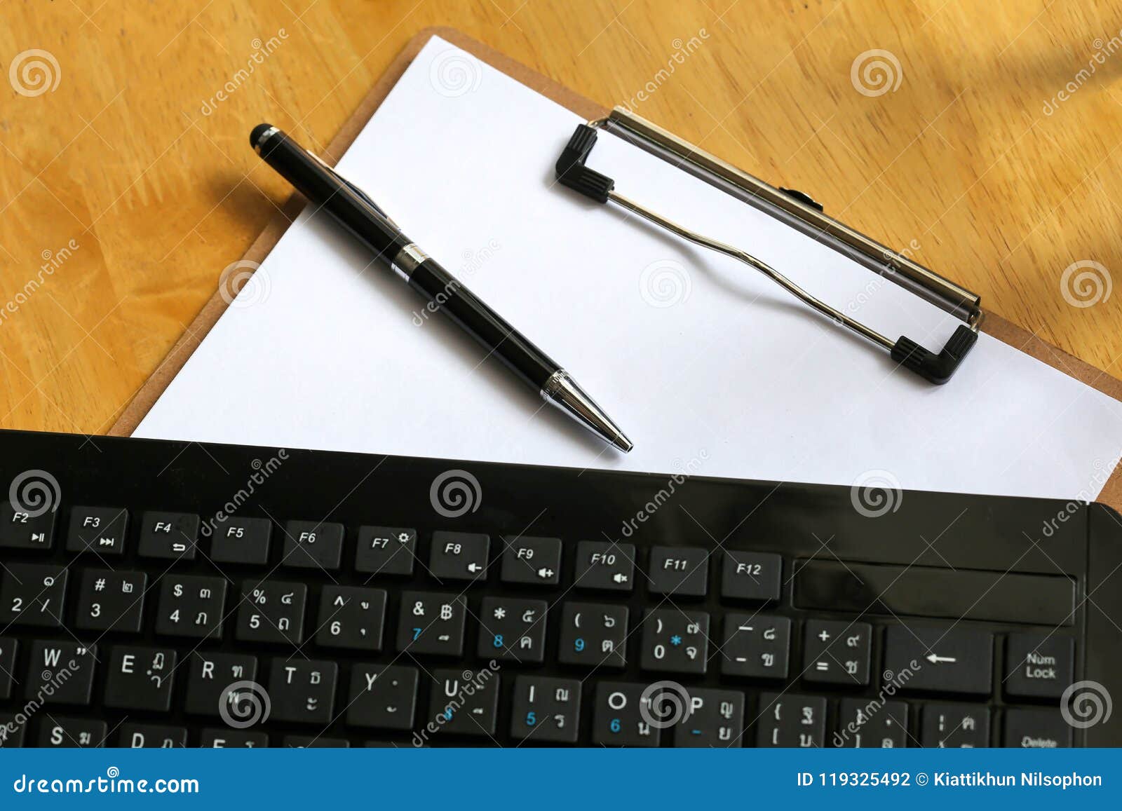 Download Modern Office Table With Keyboard,pen, Notebook On Wooden ...