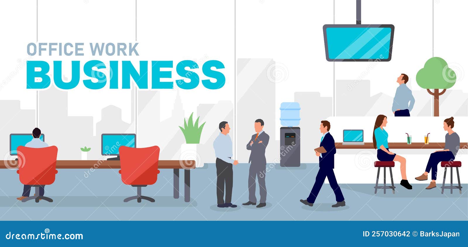 Modern Office and Workers Horizontal Vector Illustration Stock Vector