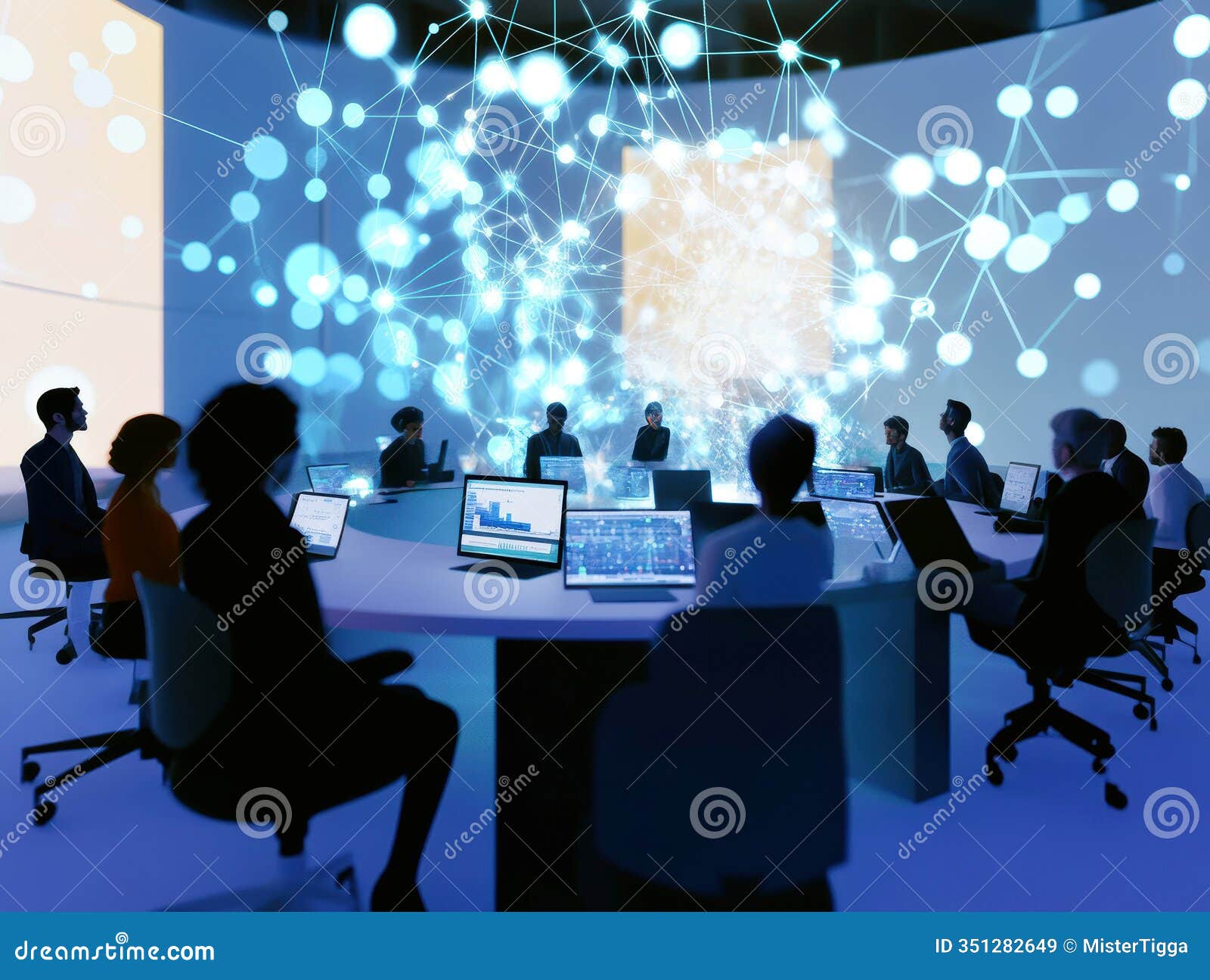 a modern officemeeting room setting, with people focusing on their laptops and wearing headphones in a low-lit space a