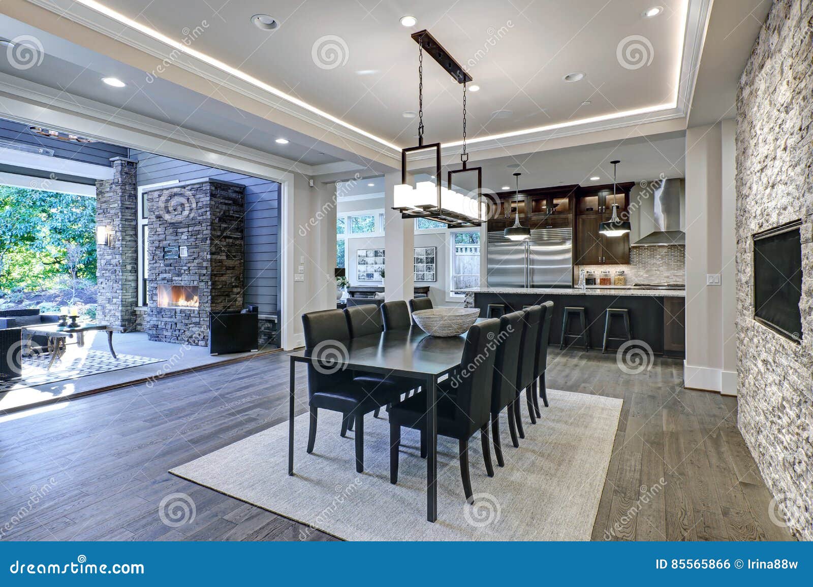 Modern Open Floor Plan Dining Room Design Stock Photo - Image of inside ...