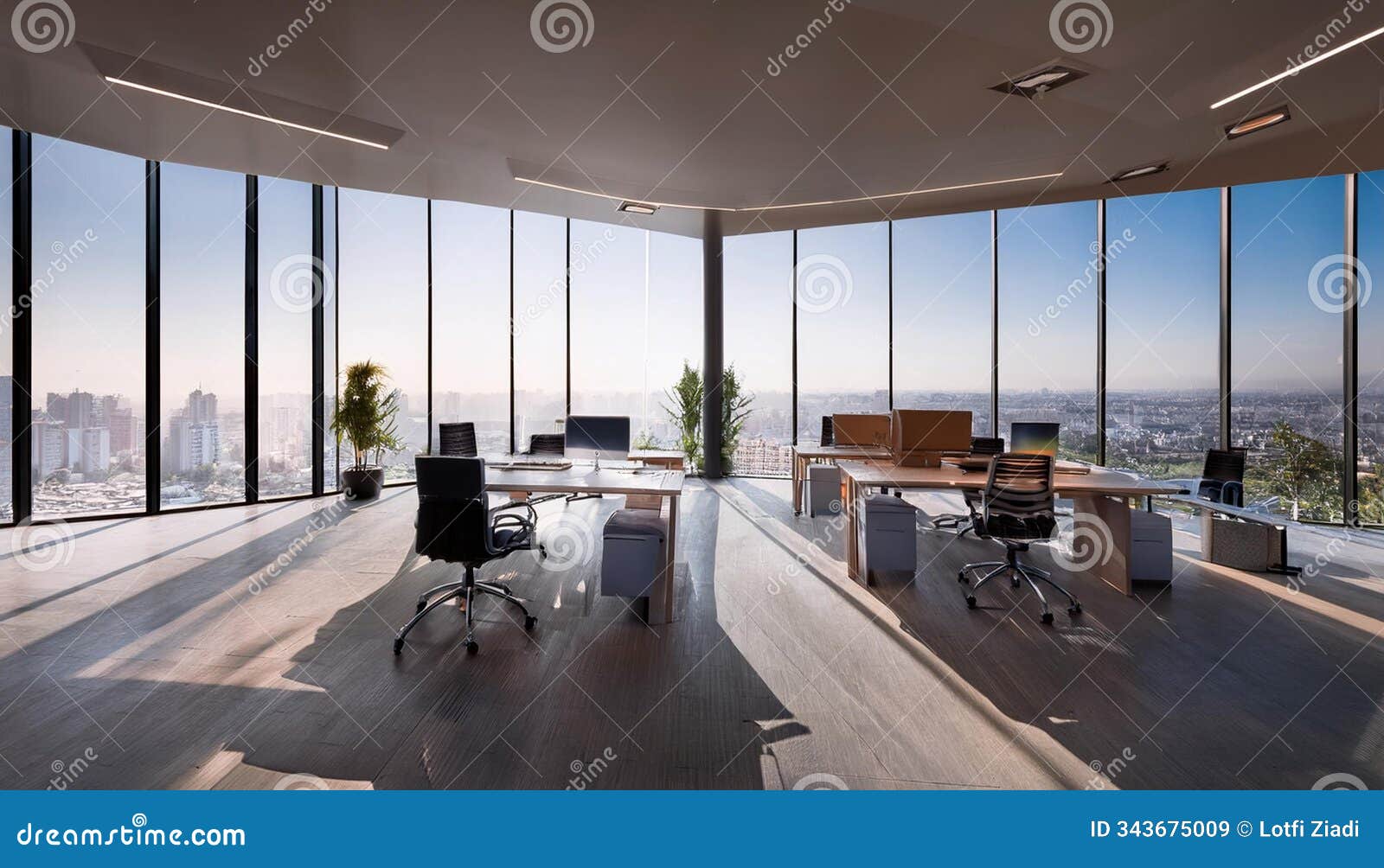 modern open office space with city view through large windows. 3d rendering