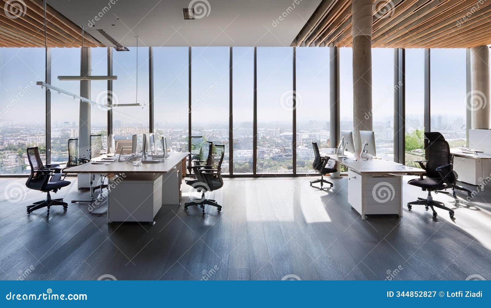 modern open office space with city view and minimalist . 3d rendering