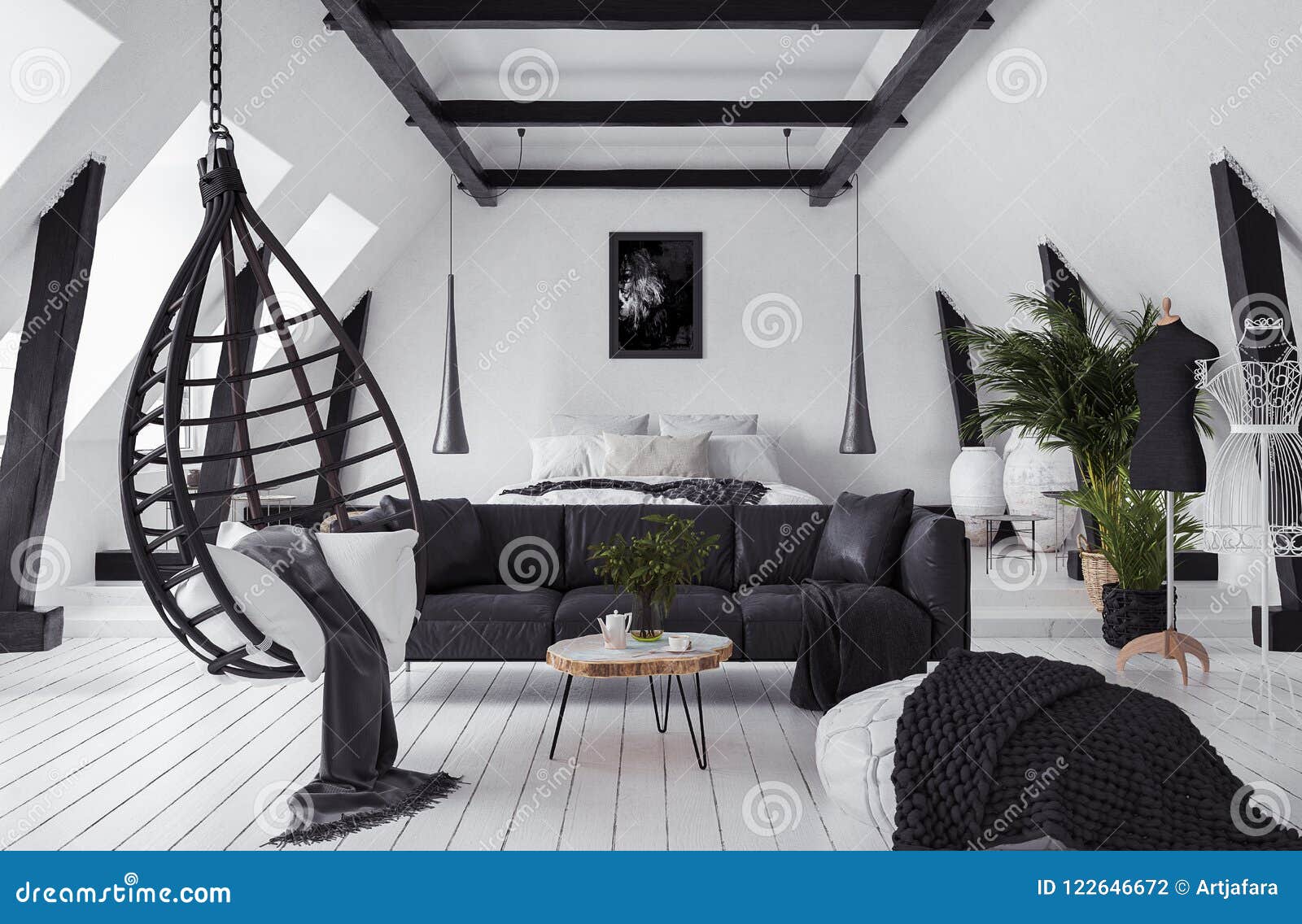 modern open-plan apartment in attic, loft style