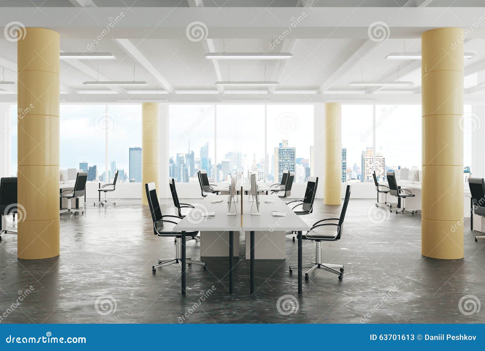 Modern Open Space Loft Office With Concrete Floor, Big Windows A Stock 