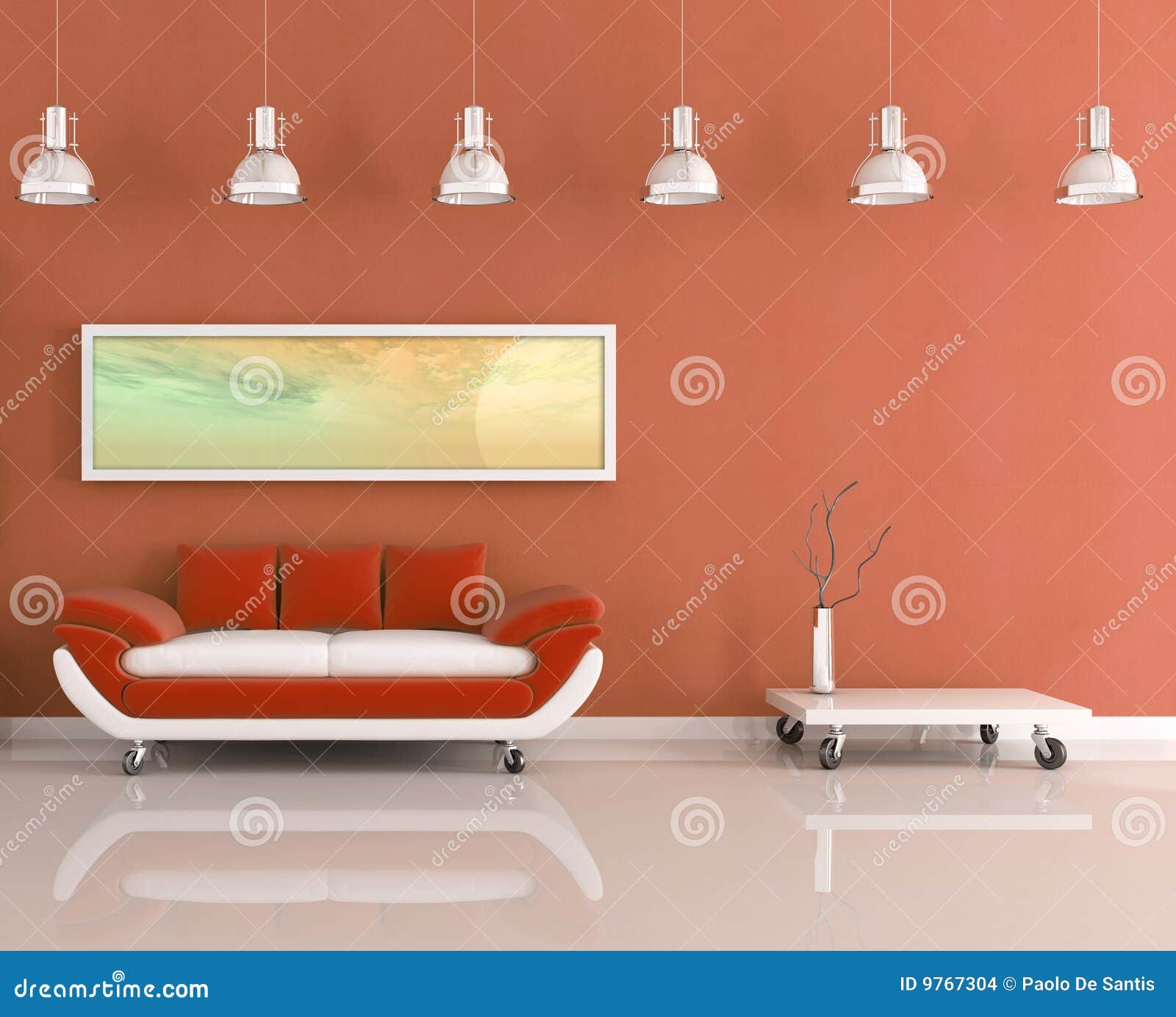 Modern Orange and White Living Room Stock Illustration Illustration