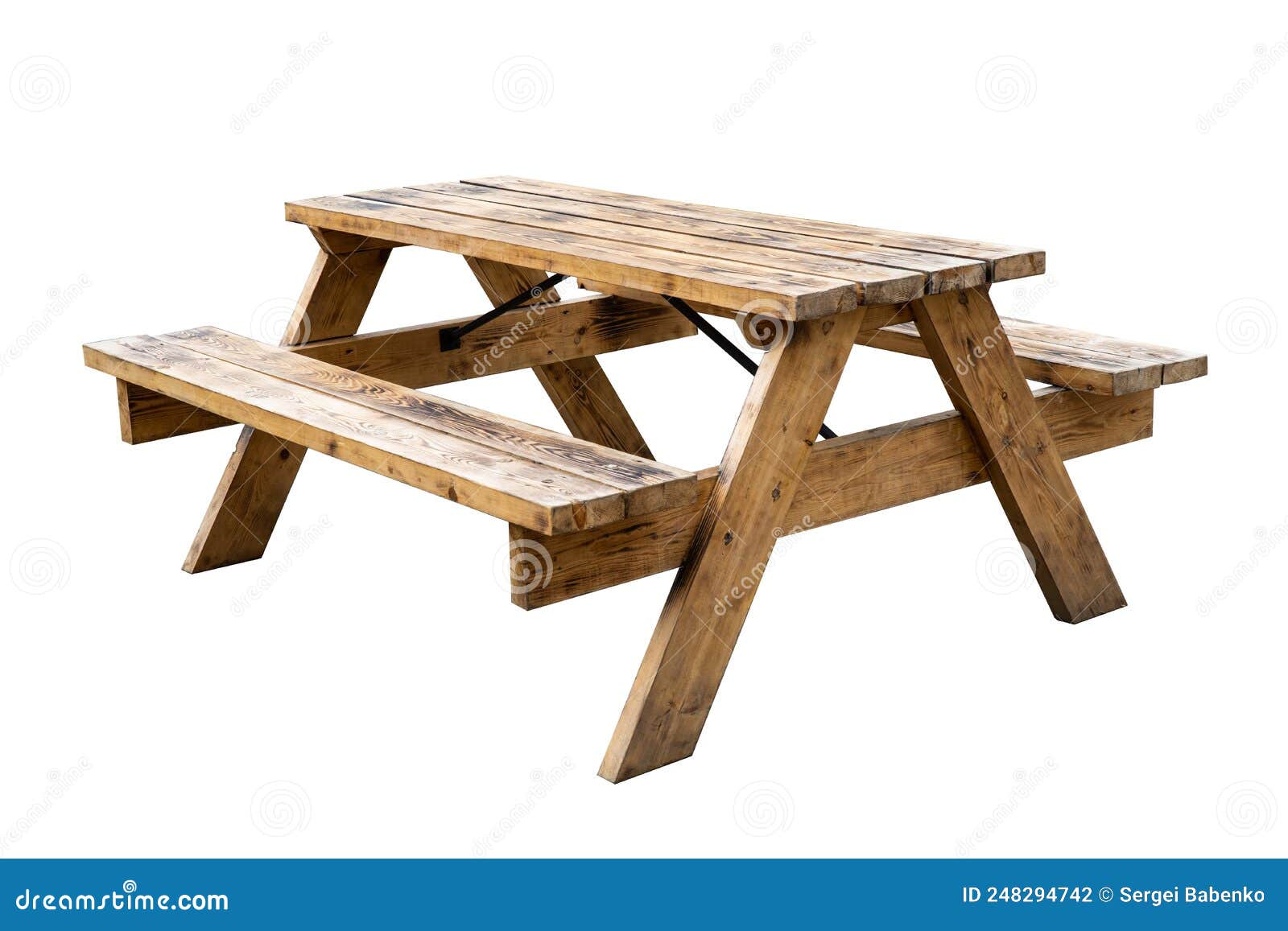 Modern Outdoor Wooden Large Bench with a Table. Isolated. Stock Photo