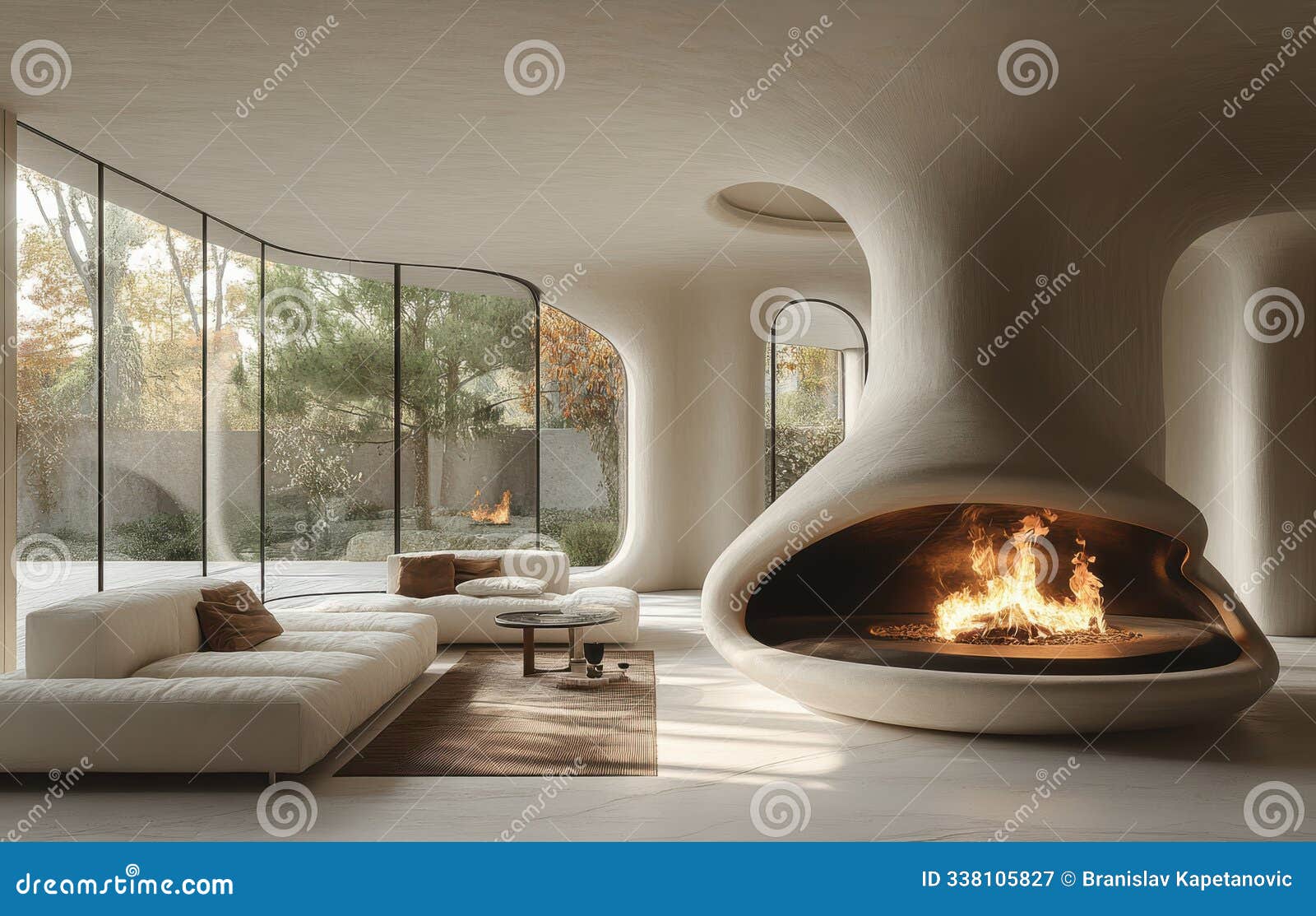 modern oval pipe fireplace in mediterranean villa with garden view and warm sunlight creating ambiance