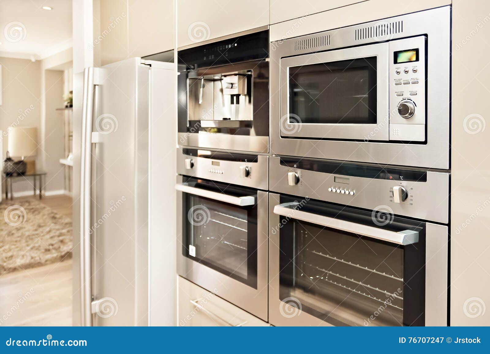 Modern Oven and Refrigerator Fixed To the Wall with Pantry Stock Image