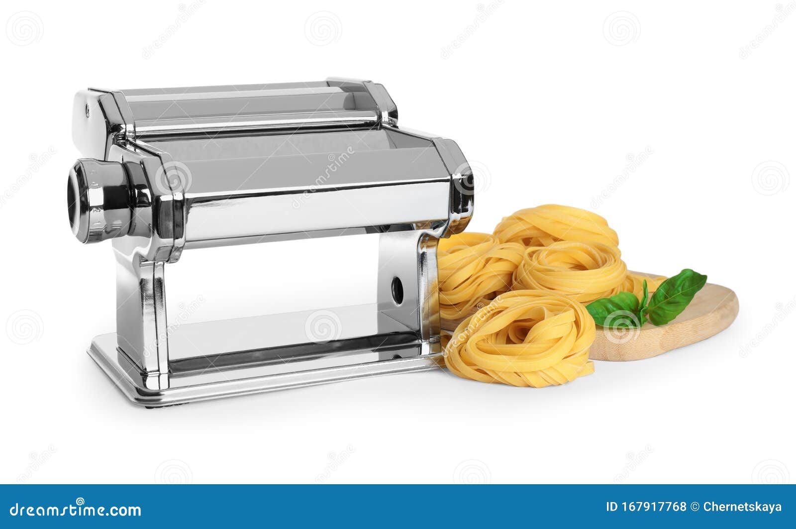 Modern Pasta Maker Machine and Tagliatelle Isolated Stock Photo Image