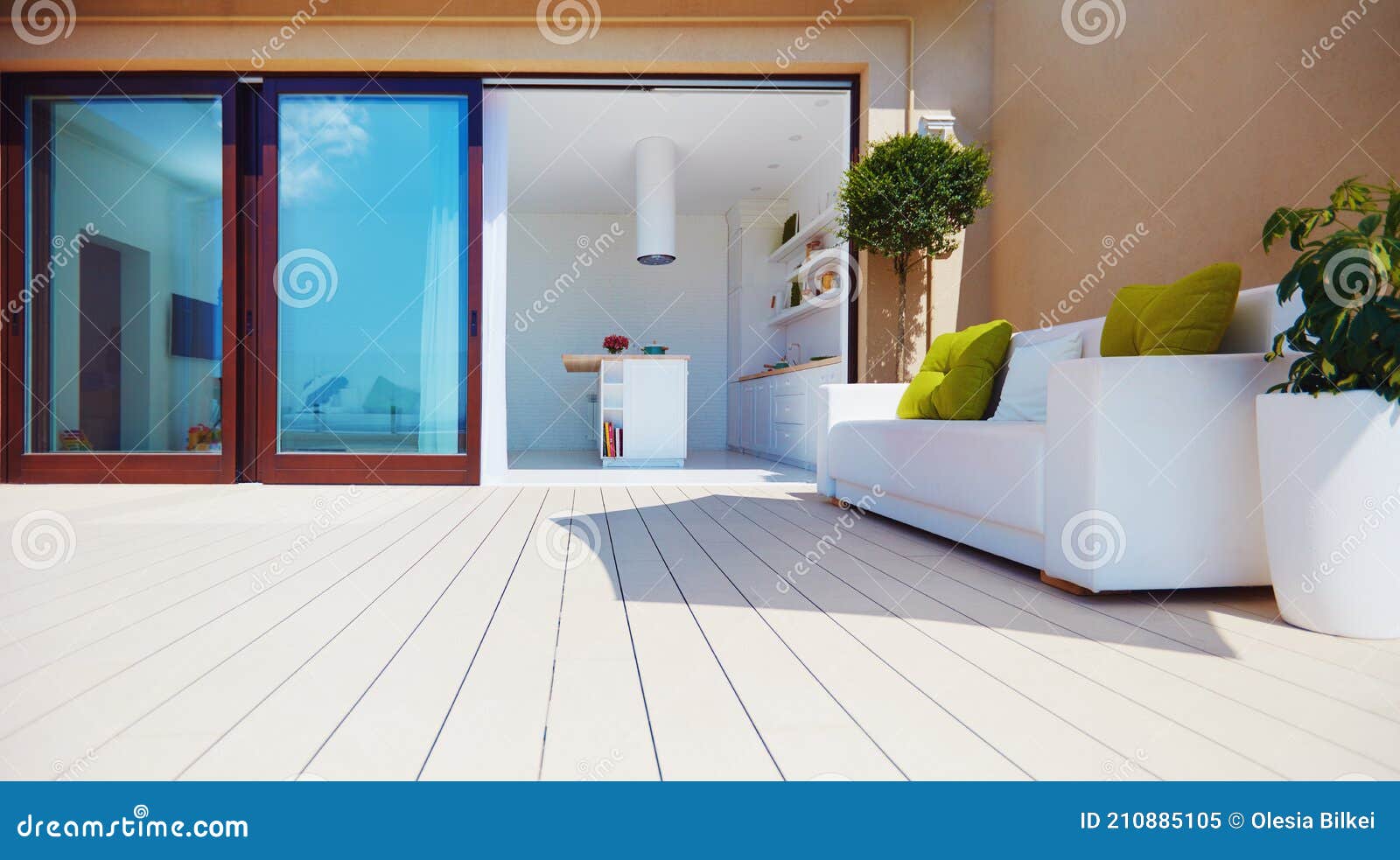 Modern Patio with Open Space Kitchen, Sliding Doors at Summer Day Stock