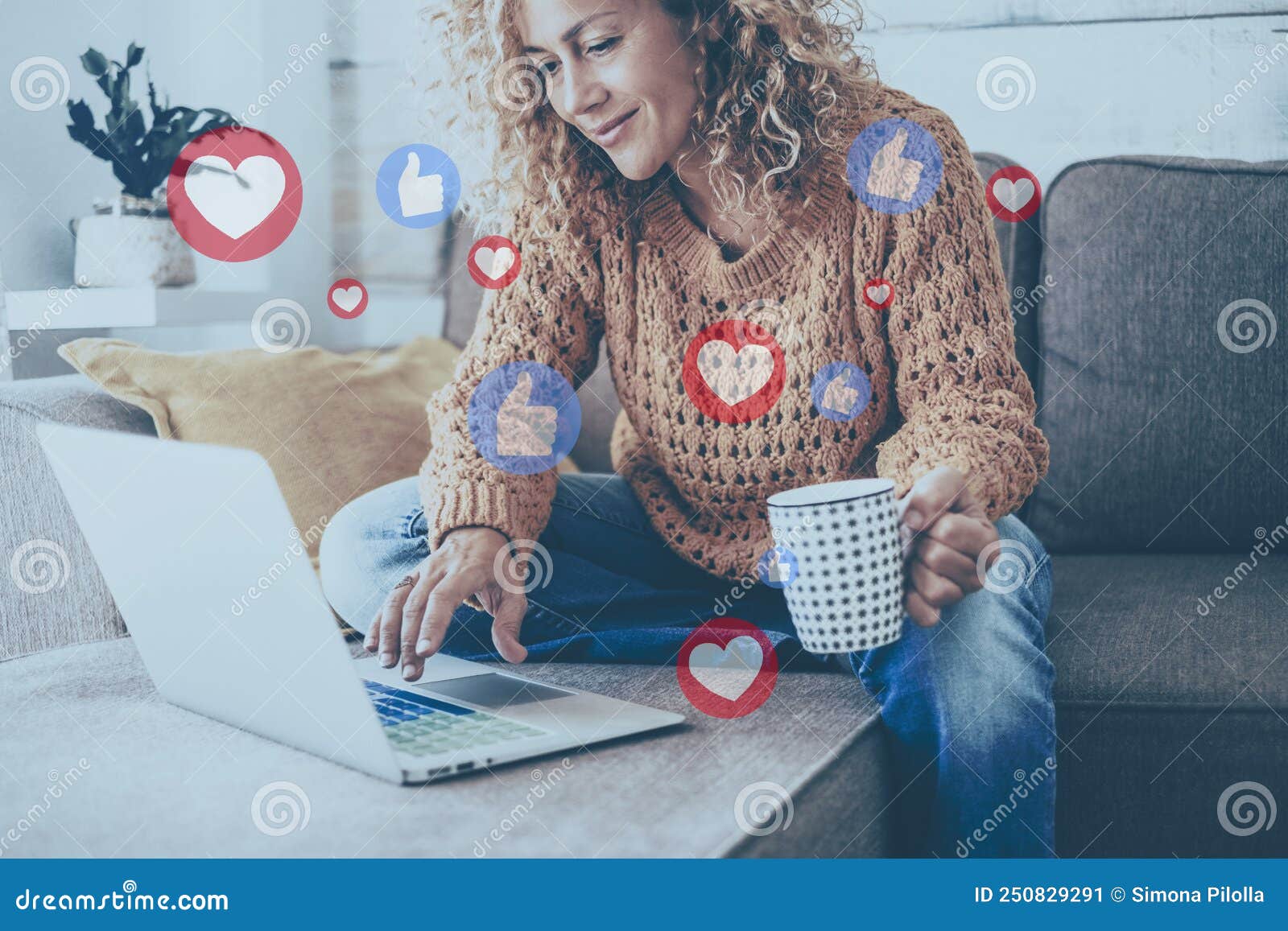 modern people using social media network on laptop at home. cheerful happy woman smile and write on computer. thumbs and heart