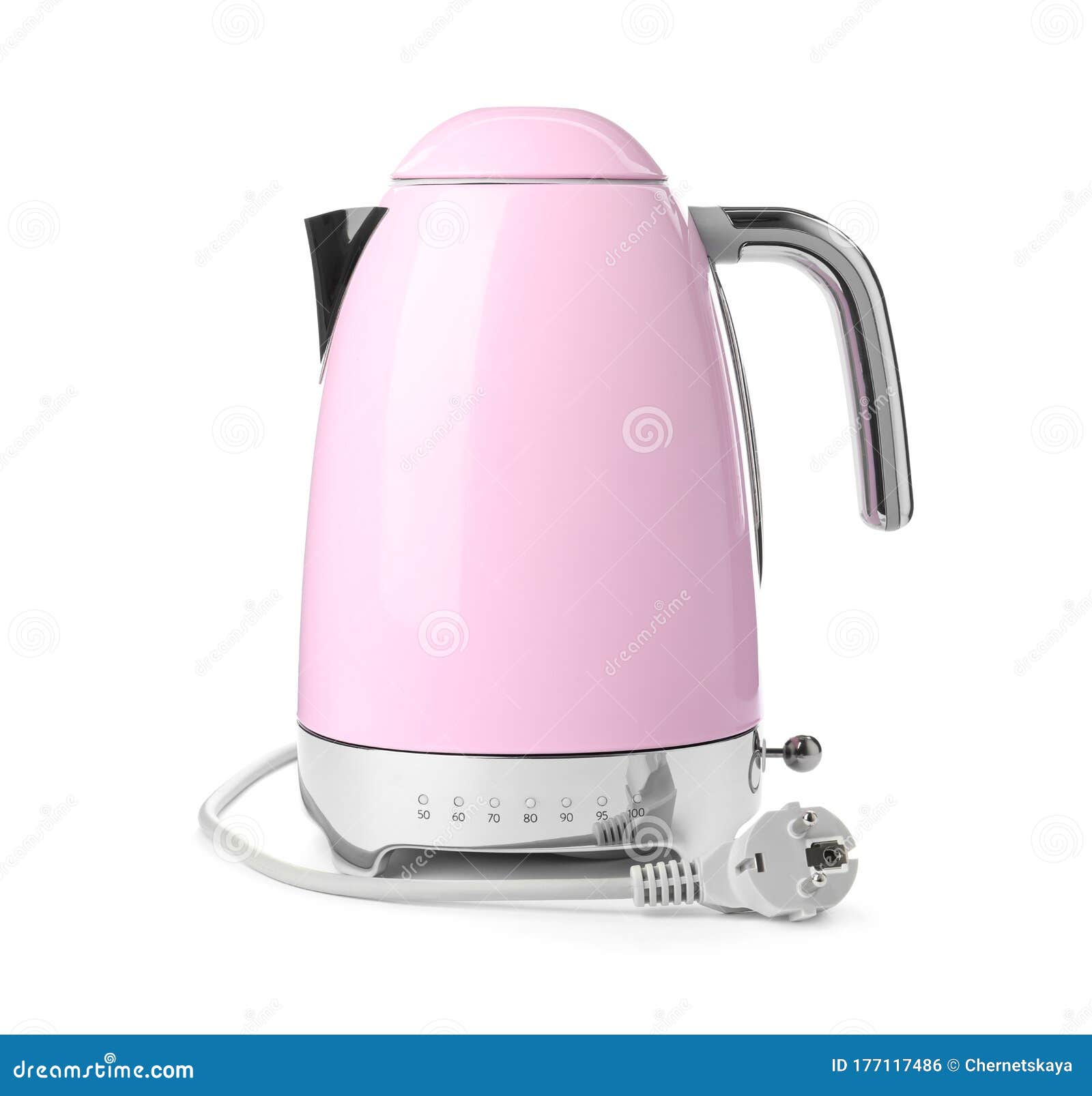 Modern Pink Electric Kettle with Base and Plug Isolated Stock Photo