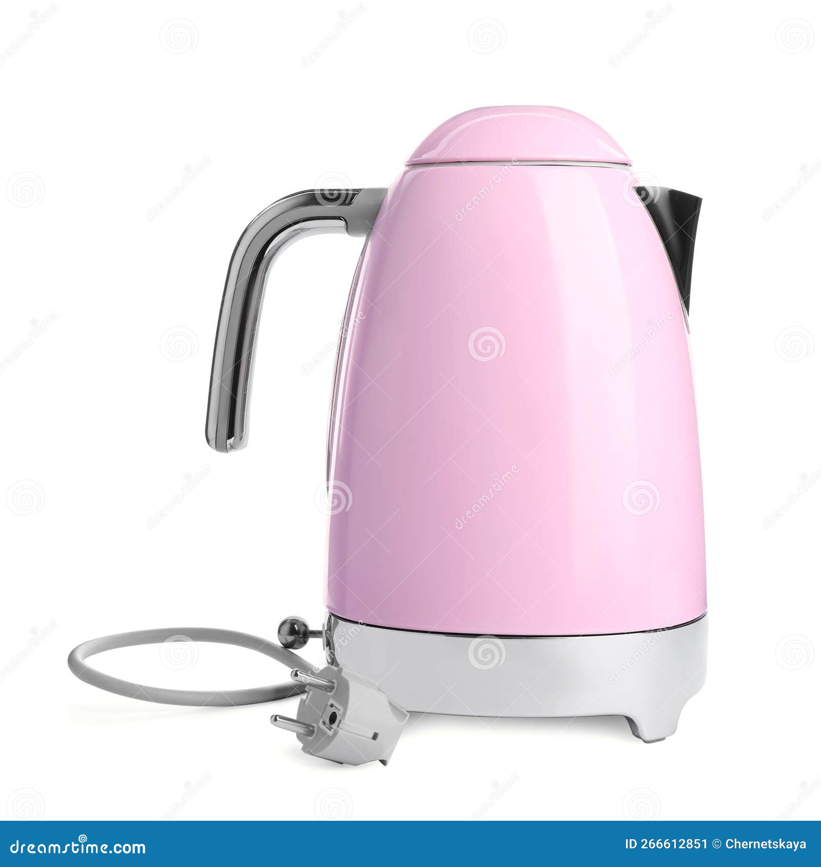 Modern Pink Electric Kettle with Base and Plug Isolated on White Stock