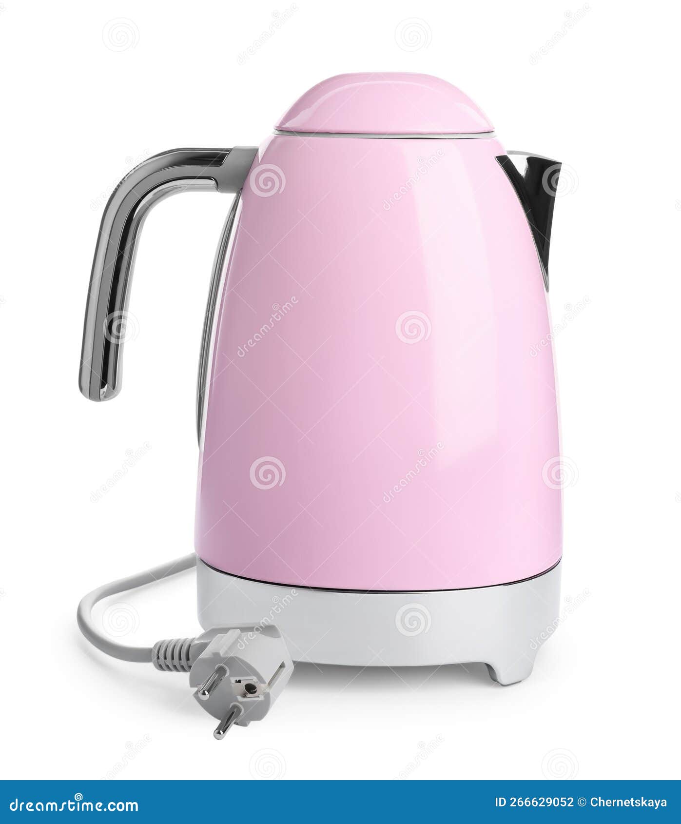 Modern Pink Electric Kettle with Base and Plug Isolated on White Stock